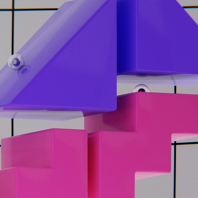 Teaserbild zum Thema Barrierefreiheit zeigt verschiedene geometrische Formen in unseren Markenfarben Violett und Pink.