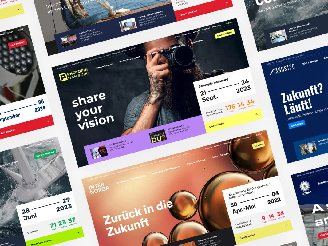 Teaser für Hamburg Messe und Kongress Websites:  Startseiten der verschiedenen Messe Websites