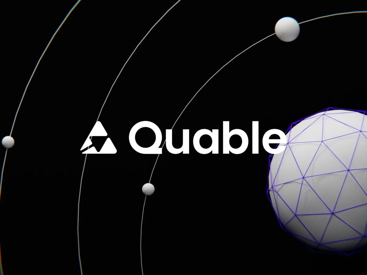 Teaser von Partner Quable; Grafik von Sphäre mit Gitternetz und konzentrischen Ringen mit Satelliten (ähnelt Draufsicht Sonnensystem)