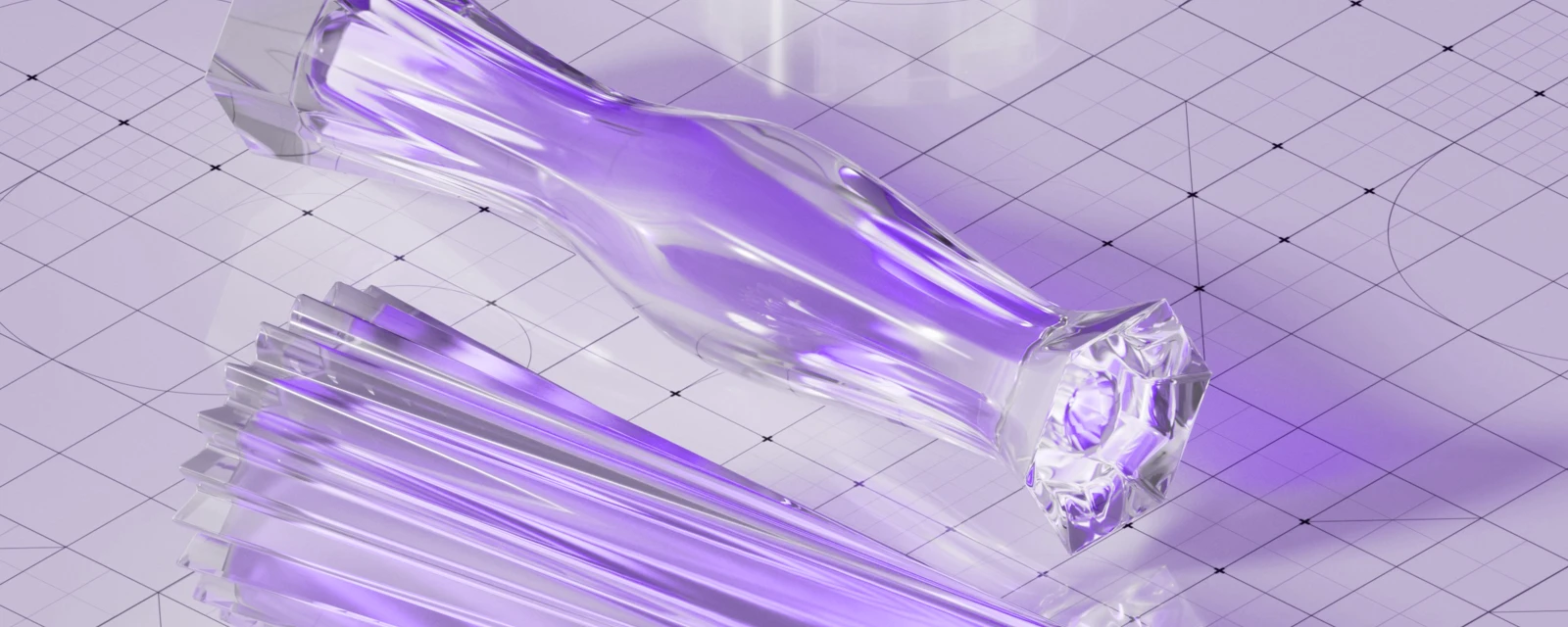 Verschiedene lila Glasformen auf einem Raster