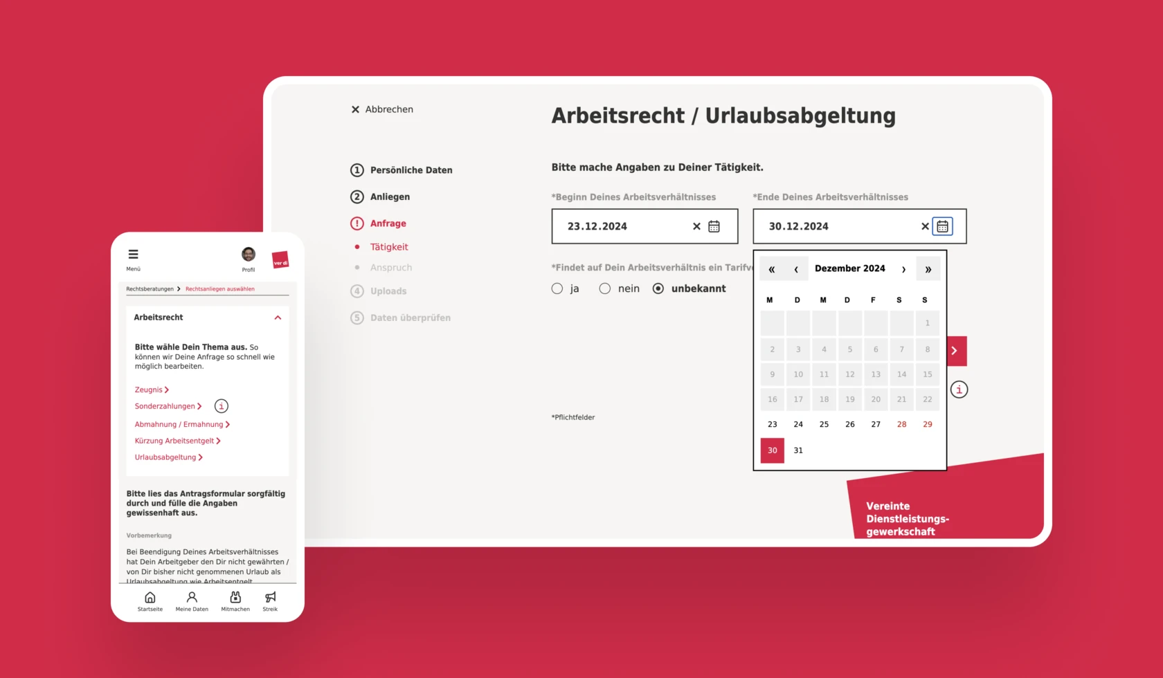 Foto: Seitenansichten von meine ver.di Digitale Rechtsberatung 