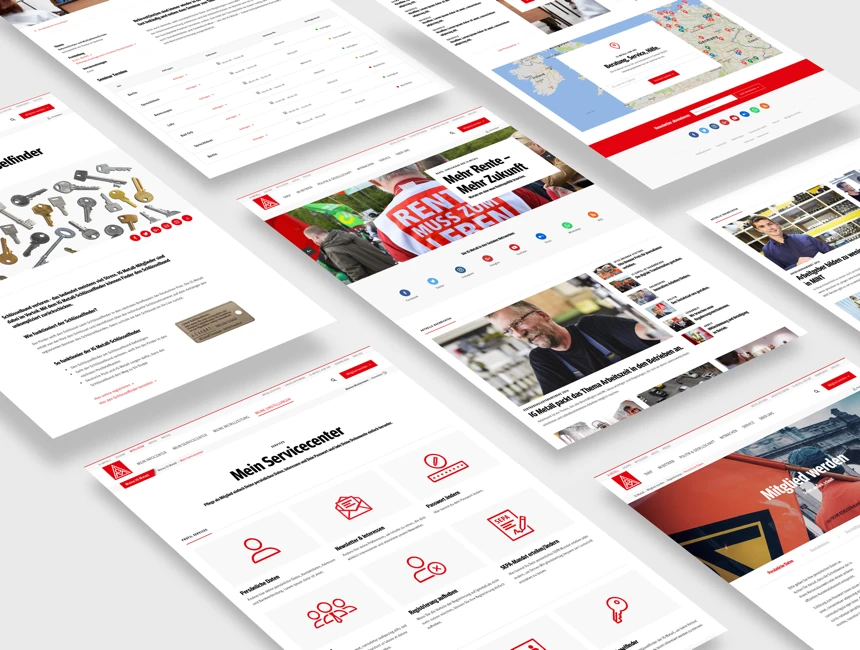 Designs von verschiedenen Website-Bereichen der neuen IG Metall Website