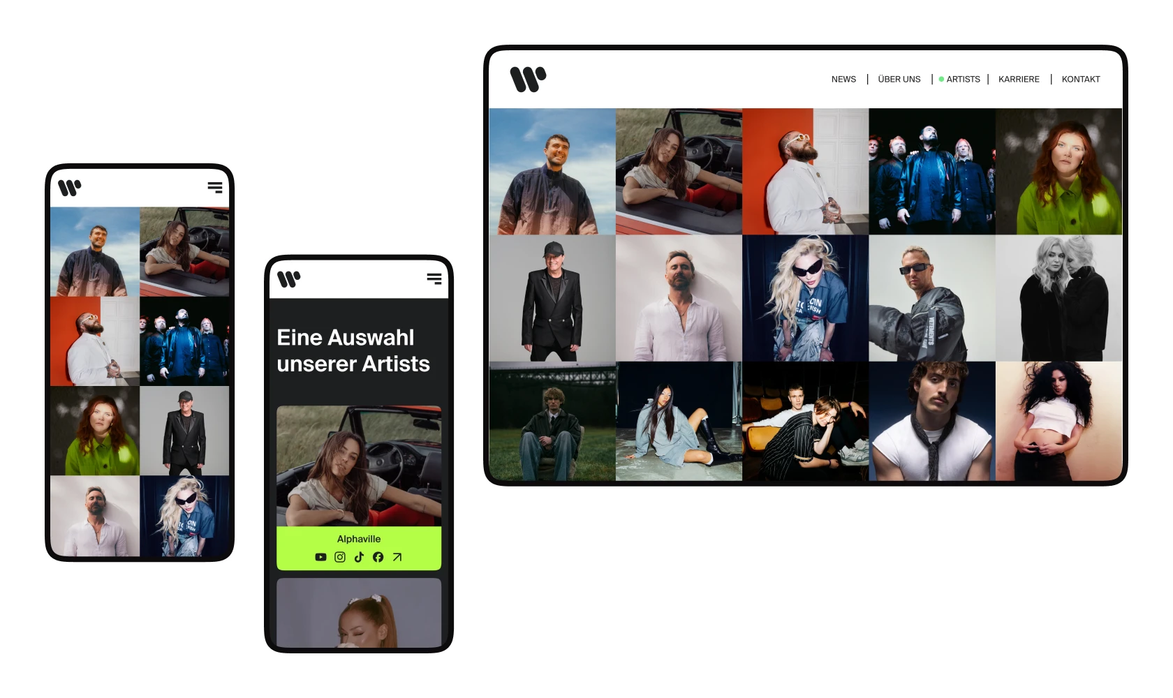 Website Warner Music Germany: Warner Music Artists Seite auf Smartphone und Tablet