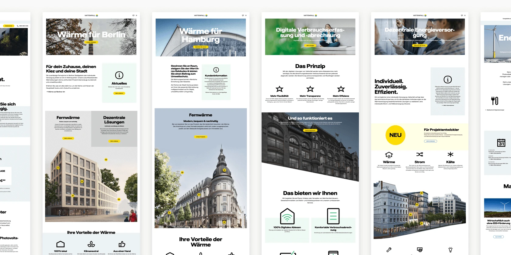 Screenshots verschiedener Seiten der Vattenfall Wärme Website