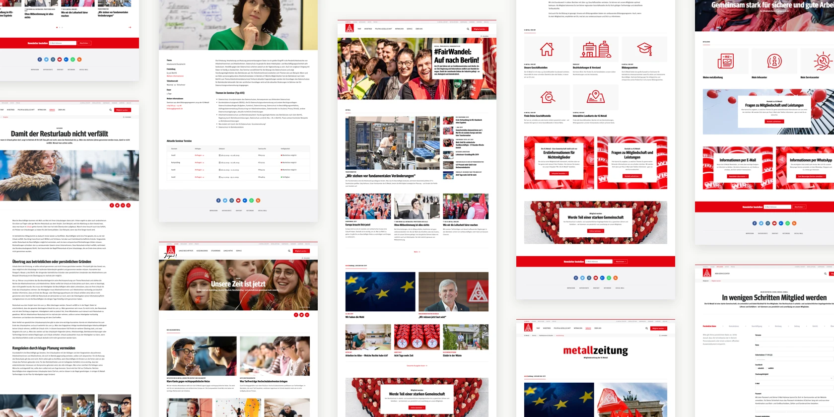 Screenshots der IG Metall Website, die verschiedene Bereiche der Website zeigen