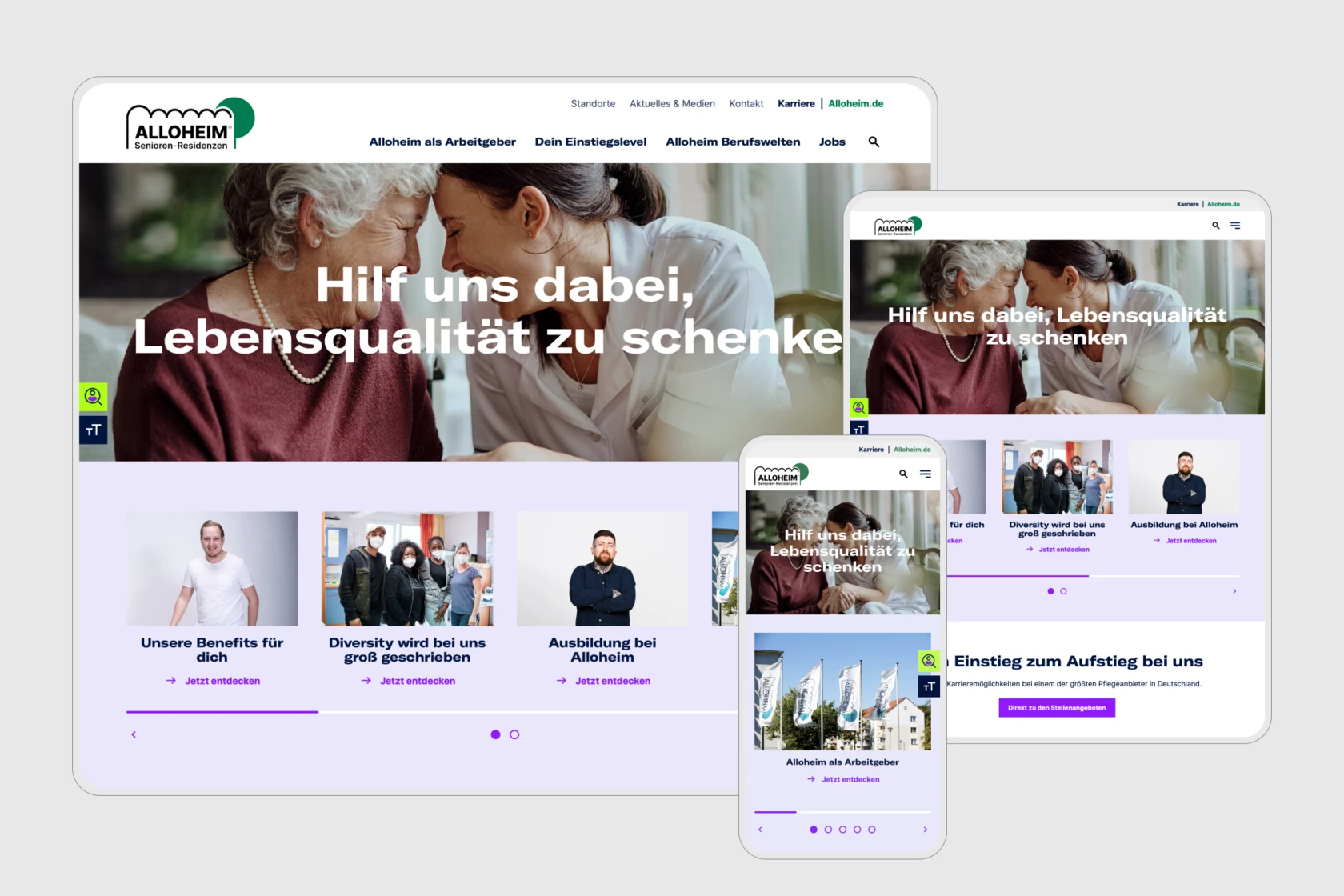 Alloheim Senioren Residenzen Website Desktop, Tablet  und Mobile Ansicht