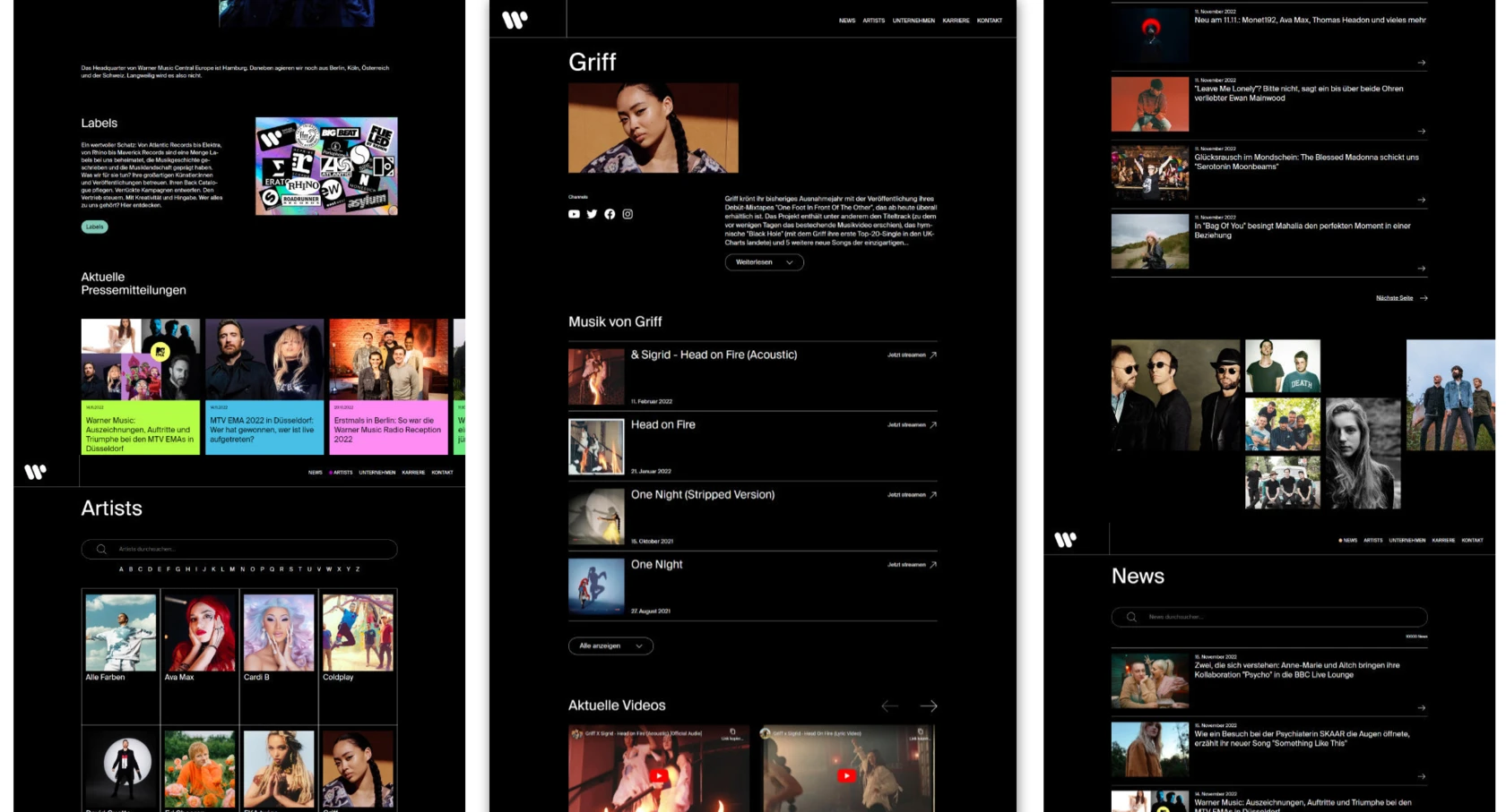 Warner Music Website Screenshots verschiedener Seiten