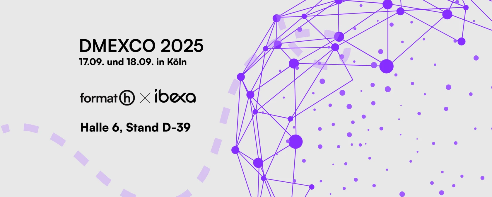 Banner zur DMEXCO 2025 am 17. und 18.09. in Köln, Halle 6, Stand D-39; hellgrauer Hintergrund mit lila Gitternetzpunkten