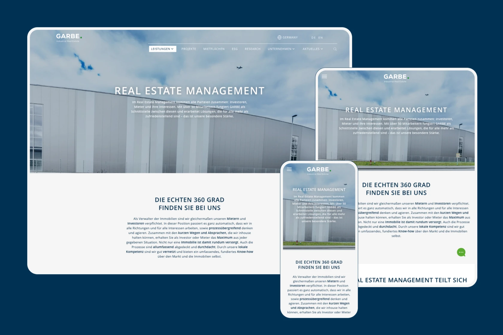 GARBE Industrial Real Estate Website Screens