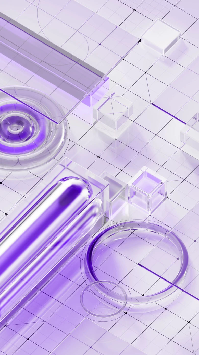 Contentbild Analyse Tools: Verschiedene lila Glasformen auf einem Raster