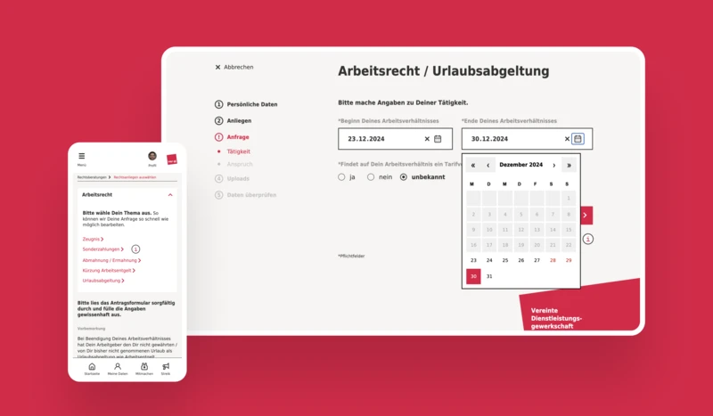 Foto: Seitenansichten von meine ver.di Digitale Rechtsberatung 