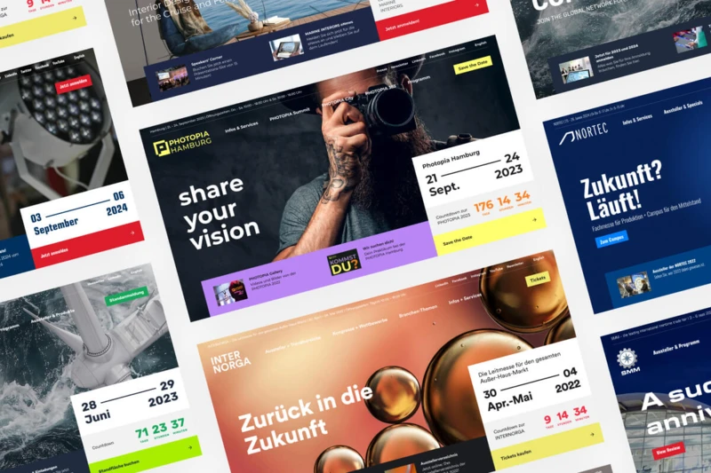 Teaser für Hamburg Messe und Kongress Websites:  Startseiten der verschiedenen Messe Websites